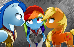 Size: 1381x884 | Tagged: safe, artist:supermare, derpibooru import, applejack, rainbow dash, soarin', earth pony, pegasus, pony, beanie, clothes, crossover, delsin rowe, hat, infamous, infamous second son, video game