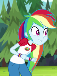 Size: 479x630 | Tagged: safe, derpibooru import, screencap, rainbow dash, equestria girls, legend of everfree, camp everfree outfits, clothes, cropped, female, pants, smiling