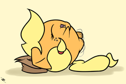 Size: 3000x2000 | Tagged: safe, artist:doggonepony, applejack, earth pony, pony, :3, chubbie, cute, eyes closed, flailing, jackabetes, laughing, on back, open mouth, smiling, solo