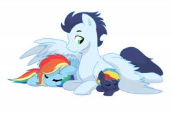 Size: 3000x2000 | Tagged: safe, artist:kianamai, derpibooru import, rainbow dash, soarin', oc, oc:prism bolt, pegasus, pony, family, father and child, father and son, female, kilalaverse, like father like son, like mother like son, male, mother and child, mother and son, next generation, offspring, parent and child, parent:rainbow dash, parent:soarin', parents:soarindash, shipping, simple background, sleeping, soarindash, spread wings, straight, white background, wing blanket