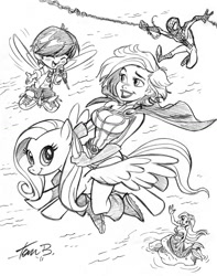 Size: 800x1014 | Tagged: safe, artist:tombancroft, fluttershy, pegasus, pony, ariel, crossover, monochrome, power girl, spider-man, traditional art