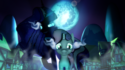 Size: 3840x2160 | Tagged: safe, artist:longsword97, nightmare rarity, rarity, sweetie belle, pony, unicorn, 3d, crying, full moon, glowing eyes, mare in the moon, moon, night, ponyville, sisters, source filmmaker