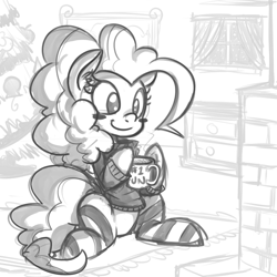 Size: 1000x1000 | Tagged: dead source, safe, artist:reiduran, pinkie pie, earth pony, pony, christmas tree, clothes, grayscale, monochrome, mug, socks, solo, striped socks, sweater, tree