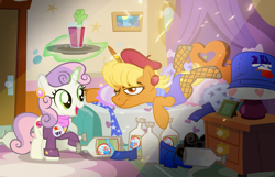 Size: 1036x666 | Tagged: safe, artist:pixelkitties, derpibooru import, ms. harshwhinny, sweetie belle, crusaders of the lost mark, alcohol, bagpipes o'toole, bloody mary, cigar, duo, fishnet stockings, hangover, leotard, scotch, votehorse