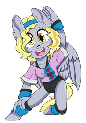 Size: 897x1271 | Tagged: safe, artist:dbkit, derpy hooves, anthro, pegasus, unguligrade anthro, alternate hairstyle, clothes, cute, derpabetes, female, leotard, mare, shirt, simple background, solo, t-shirt, transparent background, workout outfit