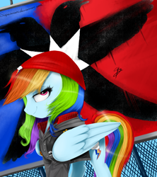 Size: 2268x2559 | Tagged: safe, artist:supermare, derpibooru import, rainbow dash, pegasus, pony, backwards cutie mark, beanie, clothes, crossover, delsin rowe, hat, infamous, infamous second son, solo, video game