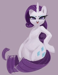 Size: 744x966 | Tagged: safe, artist:sunbusting, rarity, pony, semi-anthro, unicorn, bipedal, female, hips, looking at you, mare, purple background, simple background, solo, tongue out, wide hips