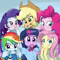 Size: 800x800 | Tagged: dead source, safe, artist:baekgup, derpibooru import, applejack, fluttershy, pinkie pie, rainbow dash, rarity, twilight sparkle, twilight sparkle (alicorn), alicorn, equestria girls, :p, applejack's hat, blushing, clothes, cowboy hat, faic, female, freckles, hat, looking at you, mane six, raspberry, shirt, silly face, silly human, tongue out, who's a silly human, wristband