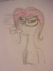 Size: 480x640 | Tagged: safe, artist:rabbit-eye, derpibooru import, fluttershy, human, cigar, humanized, looking at you, simple background, smoking, solo, traditional art