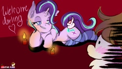 Size: 1200x675 | Tagged: safe, artist:enash97, starlight glimmer, oc, oc:crash bash, pony, unicorn, adultery, blushing, candle, canon x oc, clothes, infidelity, parents:canon x oc, socks, striped socks