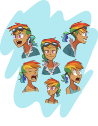 Size: 1280x1632 | Tagged: safe, artist:duru, derpibooru import, rainbow dash, human, bust, clothes, crying, female, goggles, humanized, jacket, open mouth, ponytail, redesign, smiling