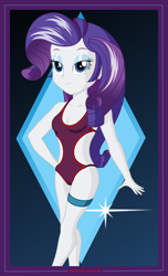 Size: 2489x4100 | Tagged: safe, artist:rexpony, rarity, equestria girls, beautiful, bedroom eyes, blue eyes, blue eyeshadow, breasts, cleavage, clothes, cute, eyeshadow, female, legs, makeup, one-piece swimsuit, open-back swimsuit, purple hair, raribetes, solo, swimsuit, woman