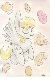 Size: 692x1070 | Tagged: safe, artist:slightlyshade, derpy hooves, pegasus, pony, bread, croissant, donut, eyes closed, female, fluffy, flying, food, mare, muffin, open mouth, solo, spread wings, traditional art, watercolor painting, wings