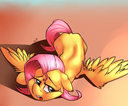 Size: 1200x1000 | Tagged: safe, artist:passigcamel, fluttershy, pegasus, pony, dock, female, floppy ears, hot, mare, misleading thumbnail, solo, spread wings, sweat, tired, wings