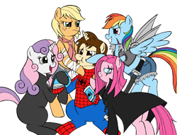 Size: 3293x2513 | Tagged: safe, artist:edcom02, artist:jmkplover, derpibooru import, applejack, pinkie pie, rainbow dash, sweetie belle, earth pony, pegasus, pony, blind eye, catsuit, crossover, gauntlet, katana, older, peter parker, ponified, simple background, spider-man, spiders and magic iii: days of friendship past, spiders and magic: rise of spider-mane, sword, transparent background, weapon