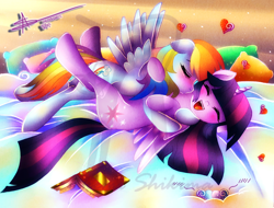 Size: 1200x912 | Tagged: safe, artist:shikimaakemi, derpibooru import, rainbow dash, twilight sparkle, twilight sparkle (alicorn), alicorn, pegasus, pony, backwards cutie mark, book, cute, female, heart, kissing, lesbian, mare, pillow, shipping, twidash, watermark, wingboner