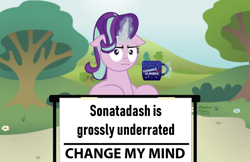 Size: 1024x662 | Tagged: safe, artist:aleximusprime, edit, starlight glimmer, pony, unicorn, bush, change my mind, empathy cocoa, female, flower, glowing horn, horn, implied lesbian, implied shipping, implied sonatadash, levitation, magic, mare, mug, multicolored mane, op is right, op is right you know, pink coat, sign, signature, sitting, solo, table, telekinesis, text, tree