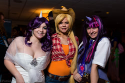 Size: 2000x1333 | Tagged: artist needed, safe, applejack, rarity, twilight sparkle, human, 2013, book, cosplay, elements of harmony, irl, irl human, momocon, photo