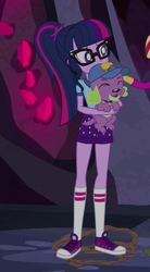 Size: 356x643 | Tagged: safe, screencap, sci-twi, spike, spike the regular dog, sunset shimmer, twilight sparkle, dog, equestria girls, legend of everfree, camp everfree outfits, clothes, converse, cropped, female, glasses, legs, male, offscreen character, paws, ponytail, shoes, shorts, sneakers, socks