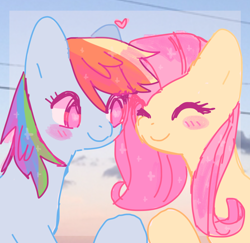 Size: 1280x1245 | Tagged: safe, artist:cinnahun, derpibooru import, fluttershy, rainbow dash, pegasus, pony, blush sticker, blushing, bust, cute, female, flutterdash, heart, lesbian, looking at each other, shipping, smiling