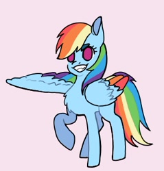 Size: 320x335 | Tagged: safe, artist:misfithippie, derpibooru import, part of a set, rainbow dash, pegasus, pony, chest fluff, colored wings, female, grin, mare, multicolored wings, no pupils, pink background, rainbow feathers, rainbow wings, raised hoof, simple background, smiling, solo