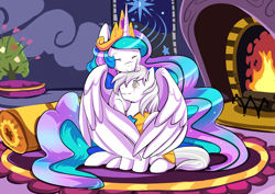 Size: 850x601 | Tagged: safe, artist:ende26, princess celestia, oc, oc:silver sickle, alicorn, pony, armor, commission, eyes closed, fireplace, hug, royal guard, scar, silvestia, sitting, smiling, winghug