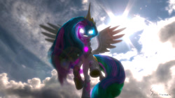 Size: 1280x720 | Tagged: safe, artist:skunkfrakker, princess celestia, alicorn, pony, 3d, cg, epic, glowing eyes, hair, lens flare, solo