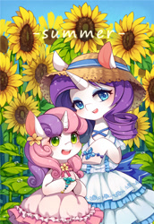 Size: 825x1200 | Tagged: safe, artist:huaineko, rarity, sweetie belle, pony, unicorn, bipedal, blushing, bow, bowtie, bracelet, clothes, dress, duo, flower, flower in hair, frilly dress, hat, jewelry, looking at you, pixiv, smiling, straw hat, sunflower