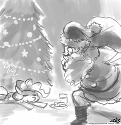 Size: 833x862 | Tagged: safe, artist:johnjoseco, pinkie pie, human, christmas tree, cookie, grayscale, milk, monochrome, santa claus, sleeping, tree