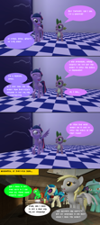 Size: 1280x2880 | Tagged: safe, artist:dragonboi471, derpy hooves, dj pon-3, lyra heartstrings, spike, twilight sparkle, twilight sparkle (alicorn), vinyl scratch, oc, oc:neon streak, alicorn, dragon, pony, unicorn, school daze, 3d, bank, comic, gmod, team fortress 2