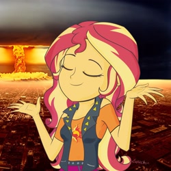 Size: 3000x3000 | Tagged: safe, artist:katakiuchi4u, sunset shimmer, better together, equestria girls, eyes closed, female, mushroom cloud, nuclear weapon, shrug, shrugset shimmer, solo, this will end in death, weapon