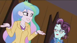 Size: 1440x810 | Tagged: safe, screencap, princess celestia, principal abacus cinch, principal celestia, equestria girls, friendship games, dunno, grin, nervous, nervous grin, shrug, smiling