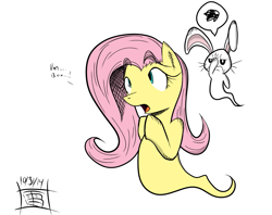 Size: 1337x1059 | Tagged: safe, artist:thethunderpony, angel bunny, fluttershy, ghost, ghost pony, flutterghost