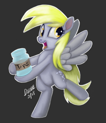 Size: 1024x1183 | Tagged: safe, artist:humbertomena, artist:rainbowdash, derpy hooves, pegasus, pony, derp, gray background, happy, jar, simple background, solo, tip jar