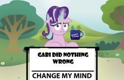 Size: 1024x662 | Tagged: safe, artist:aleximusprime, edit, starlight glimmer, pony, unicorn, marks for effort, :i, attack on titan, bush, change my mind, coffee mug, crossing the memes, female, floppy ears, flower, glowing horn, horn, i mean i see, levitation, looking at you, magic, mare, meme, mug, multicolored mane, obligatory pony, pink coat, sign, signature, sitting, solo, steven crowder, table, telekinesis, template, text, tree