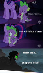 Size: 815x1364 | Tagged: safe, derpibooru import, king sombra, spike, twilight sparkle, twilight sparkle (alicorn), alicorn, dragon, pony, umbrum, castle mane-ia, comic, female, image macro, mare, shadows