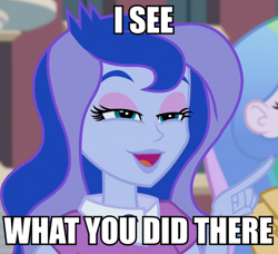 Size: 764x698 | Tagged: safe, screencap, princess celestia, princess luna, principal celestia, vice principal luna, equestria girls, friendship games, caption, i see what you did there, image macro, meme, pointing, solo focus