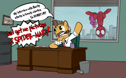 Size: 1440x892 | Tagged: safe, artist:dan232323, derpibooru import, pinkie pie, earth pony, pony, the saddle row review, buried lede, cigar, j. jonah jameson, speech bubble, spider-man, spider-mare