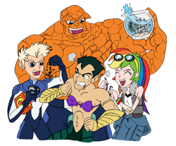 Size: 3051x2525 | Tagged: safe, artist:edcom02, artist:jmkplover, derpibooru import, rainbow dash, equestria girls, ben grimm, bra, clothes, crossover, fantastic four, fantastic four: world's greatest heroes, fishbowl, human torch, johnny storm, namor, seashell, simple background, teasing, the thing (marvel), this can only end well, this will end in imperious rex, transparent background, underwear