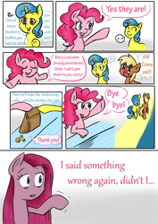 Size: 2480x3508 | Tagged: safe, artist:drhikari, pinkie pie, earth pony, pony, comic:dealing with depression, bits, comic, cupcake, food, paper bag, pinkamena diane pie