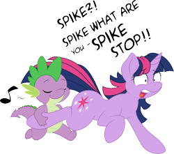 Size: 3934x3474 | Tagged: safe, artist:glitchking123, artist:joey darkmeat, derpibooru import, spike, twilight sparkle, dragon, pony, .ai available, .svg available, dialogue, duo, music notes, simple background, transparent background, vector, wheelbarrow