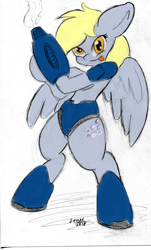 Size: 1280x2123 | Tagged: safe, artist:zemer, derpy hooves, pegasus, semi-anthro, 30 minute art challenge, megaman, megamare, parody, solo, tongue out, traditional art