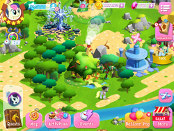 Size: 2048x1536 | Tagged: safe, bon bon, derpy hooves, sweetie drops, pegasus, pony, element of kindness, fluttershy's cottage, game screencap, gameloft, harmony stones, house, tree, tree of harmony