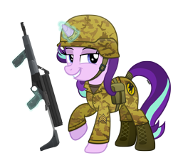 Size: 4500x4000 | Tagged: safe, artist:a4r91n, starlight glimmer, pony, unicorn, assault rifle, boots, calico, calico m-900, camouflage, command and conquer, crossover, female, gdi glimmer, global defense initiative, grin, gun, helmet, lidded eyes, looking at you, magic, mare, military, military uniform, raised hoof, rifle, sergeant, shoes, simple background, smiling, smug, solo, tail wrap, telekinesis, transparent background, vector, weapon