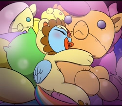 Size: 1152x998 | Tagged: safe, artist:doublewbrothers, derpibooru import, fluttershy, rainbow dash, scootaloo, spitfire, pegasus, pony, adult foal, clothes, cropped, footed sleeper, giant plushie, kigurumi, pacifier, plushie, rainbow dash simulator, sleeping