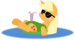 Size: 2772x1473 | Tagged: safe, artist:zacatron94, applejack, earth pony, pony, clothes, drink, inner tube, on back, one-piece swimsuit, solo, sunglasses, swimsuit, water