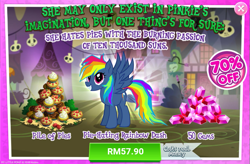 Size: 1043x686 | Tagged: safe, derpibooru import, evil pie hater dash, rainbow dash, pegasus, pony, secrets and pies, adorapiehater, advertisement, costs real money, cute, gameloft, gem, official, sale, smiling, when she smiles