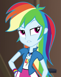 Size: 845x1069 | Tagged: safe, derpibooru import, screencap, rainbow dash, equestria girls, movie magic, spoiler:eqg specials, annoyed, clothes, cool, cropped, female, geode of super speed, hand on hip, magical geodes, meh, pose, skirt, solo, wristband