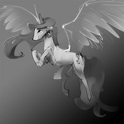 Size: 1000x1000 | Tagged: safe, artist:alumx, princess celestia, alicorn, pony, /pone/, 8chan, flying, monochrome, solo