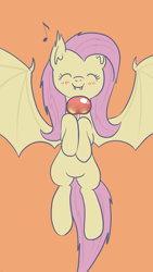 Size: 1080x1920 | Tagged: safe, artist:yo-yall, fluttershy, apple, blushing, candy apple (food), cute, eyes closed, fangs, flutterbat, flying, happy, hoof hold, shyabates, shyabetes, simple background, smiling, solo, spread wings